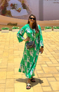 GREEN CAT KAFTAN DRESS