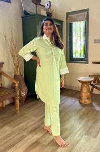 green gingham kurta set